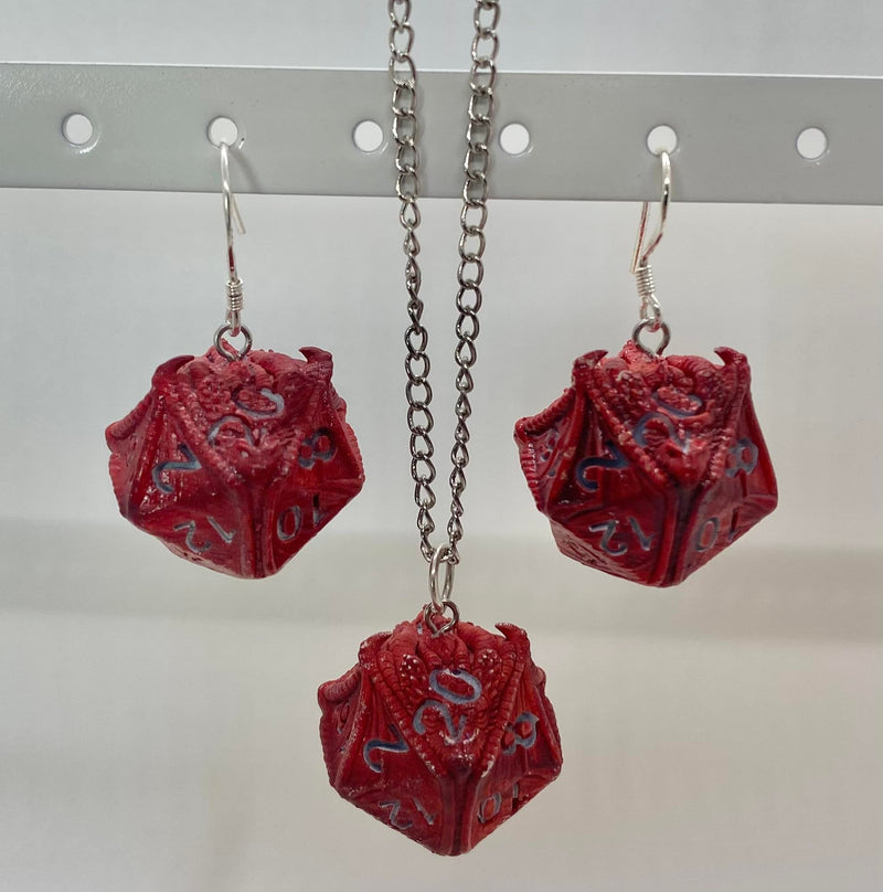 Scaldrus the Red D20 Dragon Dice Earrings and Necklace Jewelry Set Wholesale
