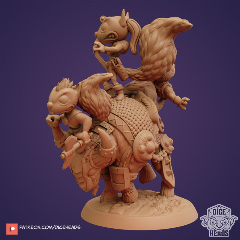 Honcho, Maia, And Credell Squirrel Barbarians With Bucky The Bull Mount 3D Printed Miniature Legends of Calindria Primed