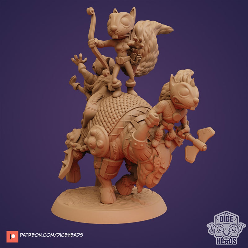 Honcho, Maia, And Credell Squirrel Barbarians With Bucky The Bull Mount 3D Printed Miniature Legends of Calindria Primed