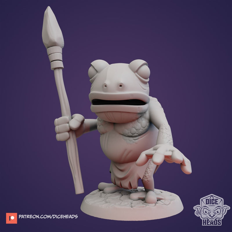 Larie The Frogfolk with spear 3D Printed Miniature Legends of Calindria Primed